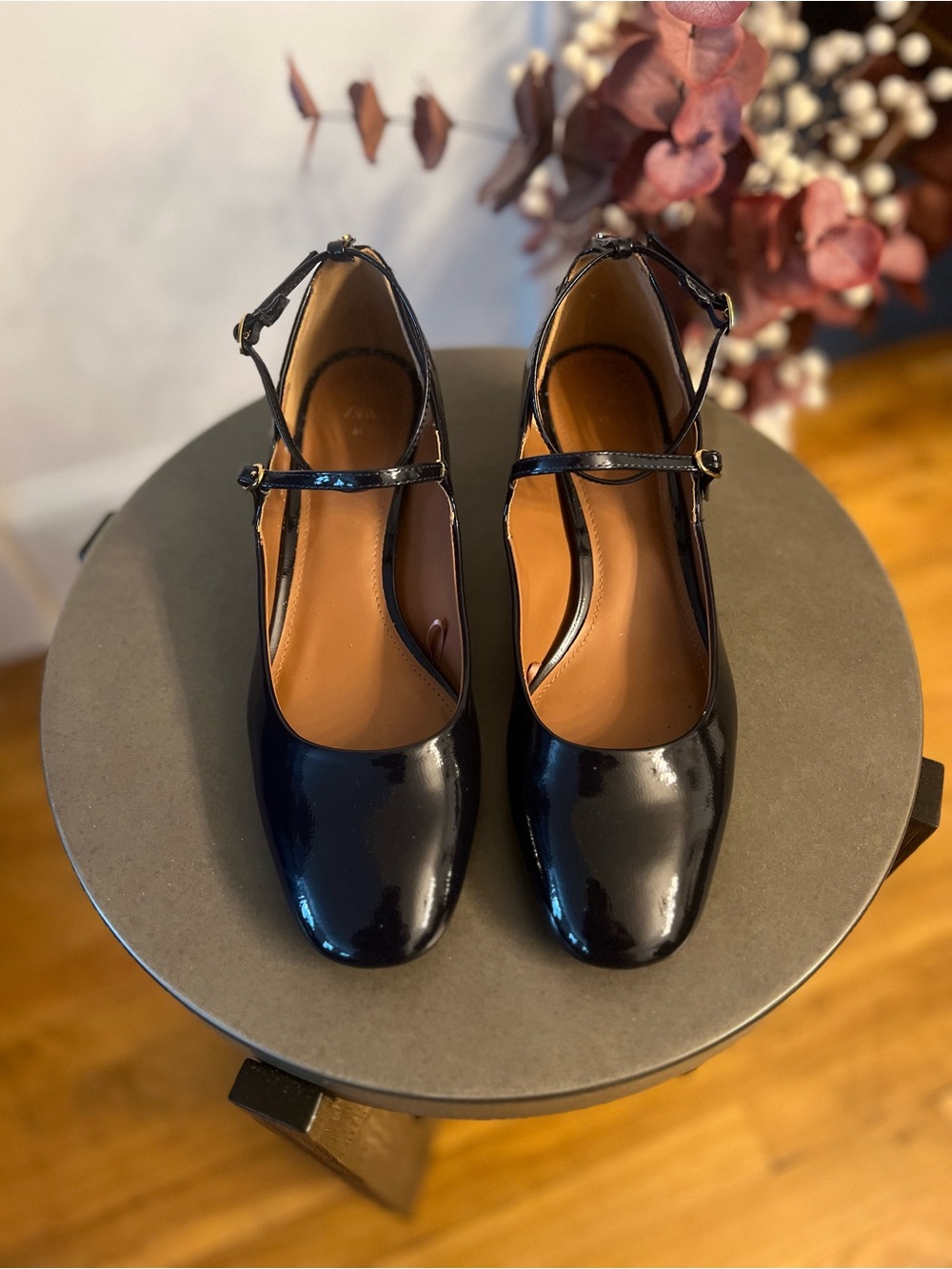 Zara Navy Blue Patent Mary Jane Heels with Ankle Strap